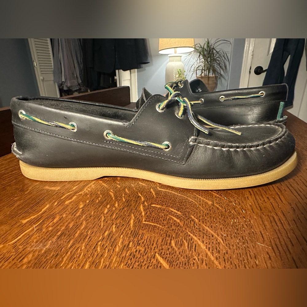 Sperry Topsider~Size 13~Navy Blue Leather~Green~Boat Shoe - Picture 6 of 8